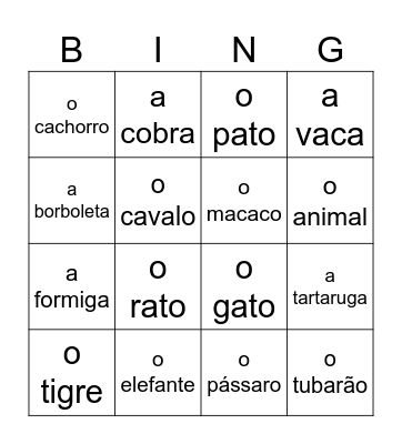 Portuguese Animals Duolingo Bingo Card