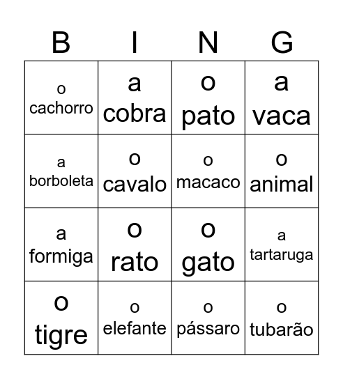 Portuguese Animals Duolingo Bingo Card