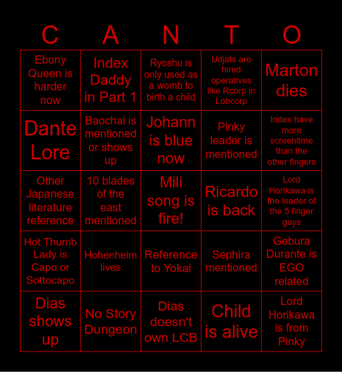 Canto 9 Bingo Card
