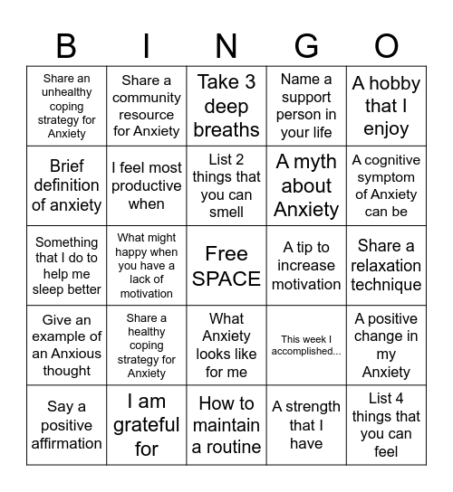 ANXIETY BINGO Card