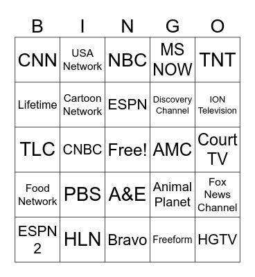 TV Channels Bingo Card
