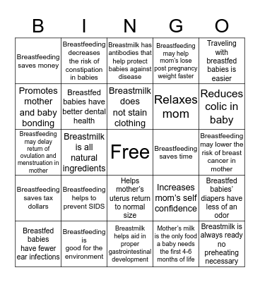 Breastfeeding for you and your baby! Bingo Card