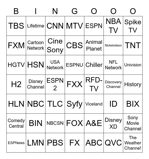 TV Channels Bingo Card