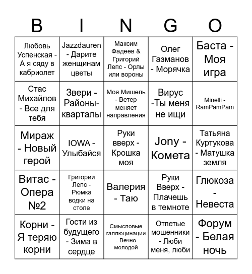 Музыкальное бинго Bingo Card