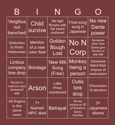 Canto 9 Bingo Card