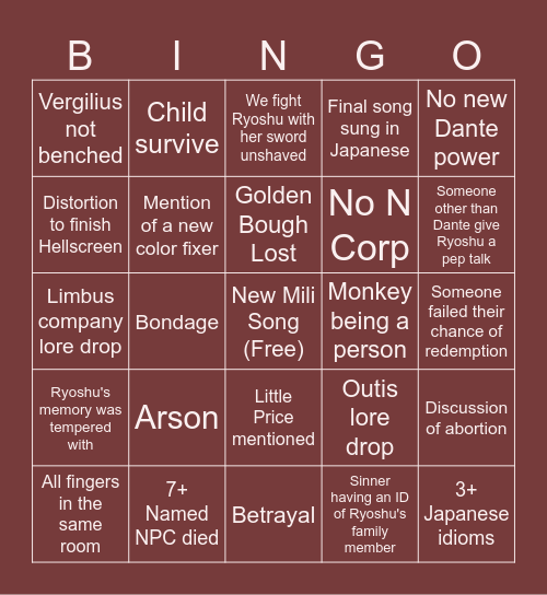 Canto 9 Bingo Card