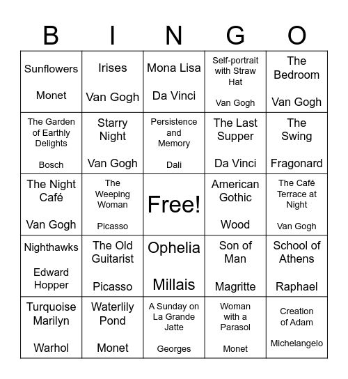 Famous Paintings Bingo Card