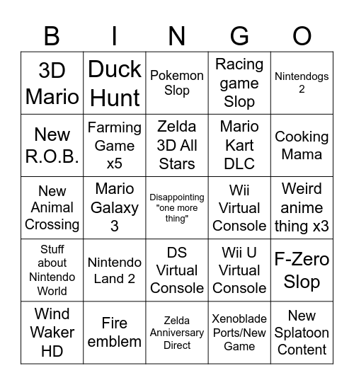 2026 Nintendo Direct Bingo Card
