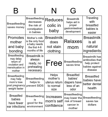 Breastfeeding for you and your baby! Bingo Card