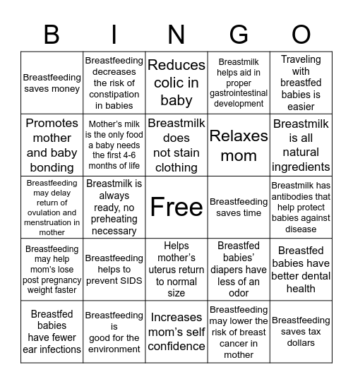 Breastfeeding for you and your baby! Bingo Card