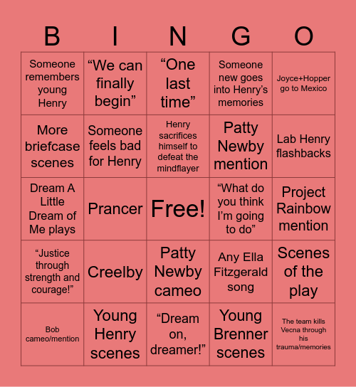 Season 5 Finale Bingo Card