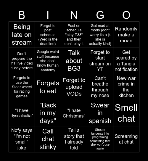 Nofy Stream Bingo Card