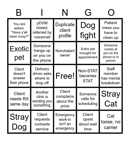Veterinary CSR Bingo Card