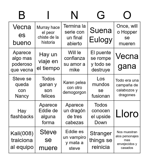 Stranger things 5 Bingo Card