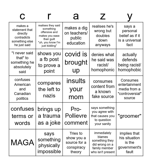 unhinged dad comments Bingo Card