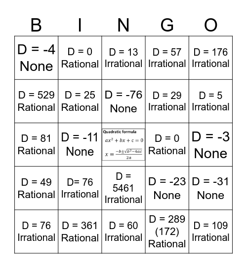 Quadratic Formula Bingo Card