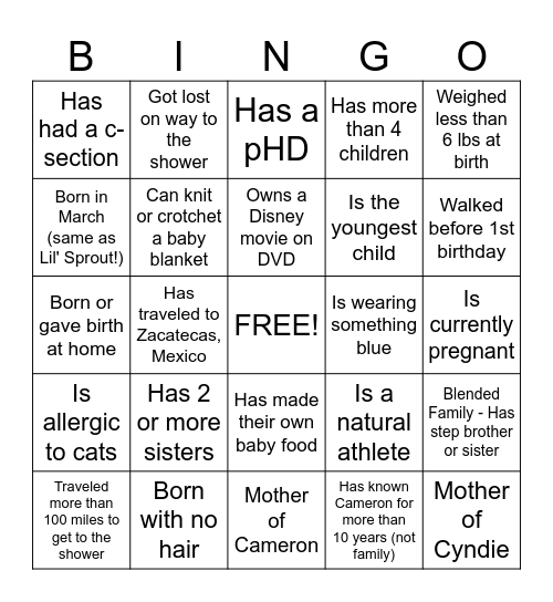 Baby Shower Ice Breaker Bingo Card