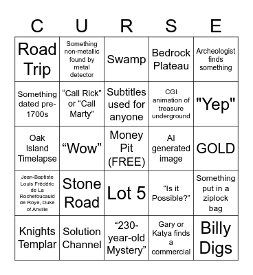 Curse of Oak Island Bingo Card
