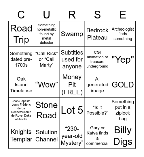 Curse of Oak Island Bingo Card