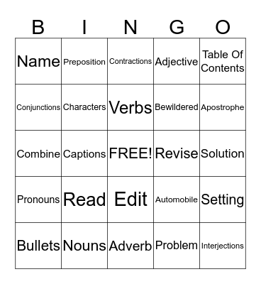 Language Arts Bingo #1 Bingo Card