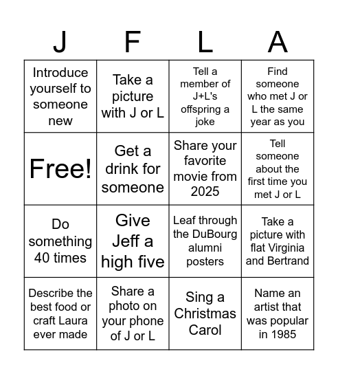 Jeff and Laura's 40th Bingo Card