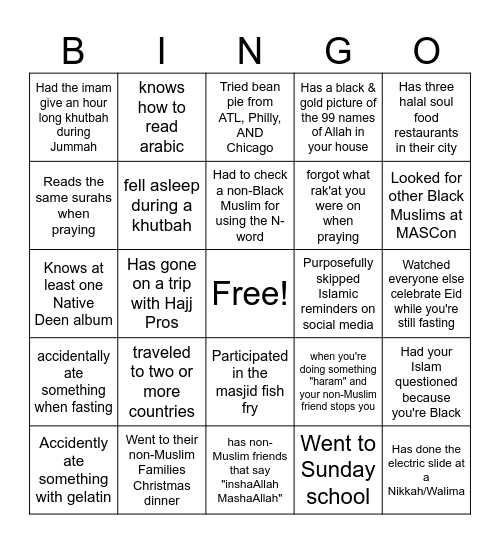 Black Muslim Bingo Card