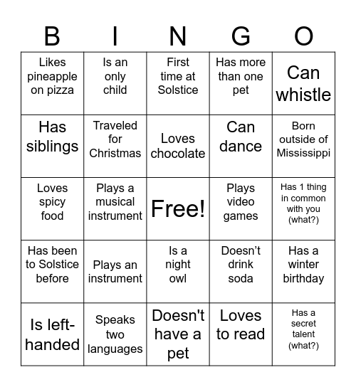 Solstice Human Bingo! Bingo Card