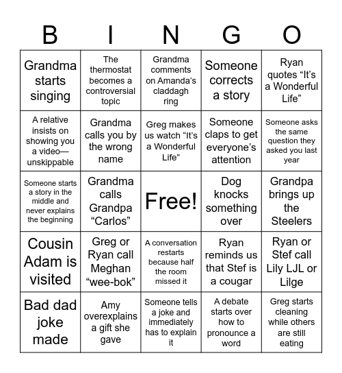 Lex Family Bingo Card