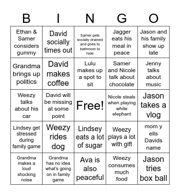 Family Christmas Party Bingo Card