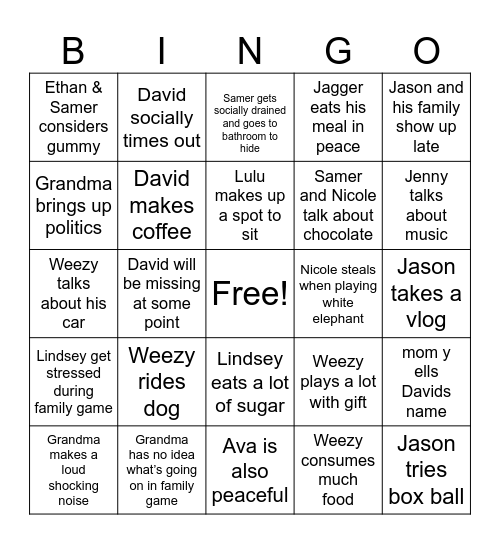 Family Christmas Party Bingo Card