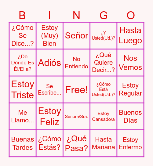 Spanish Greetings BINGO Card