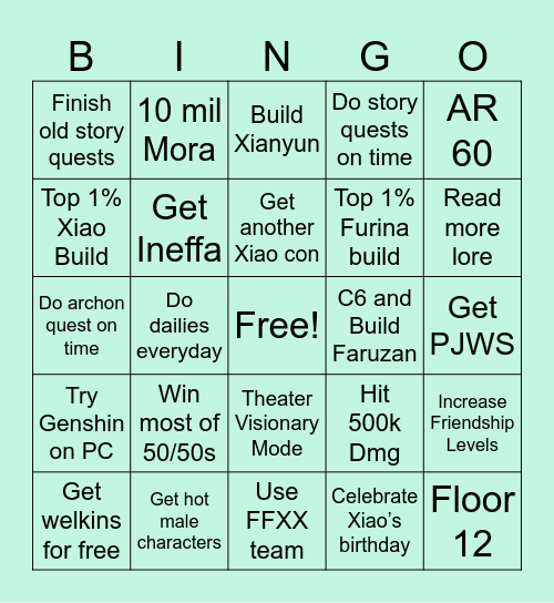 Xiao Mains Bingo Card