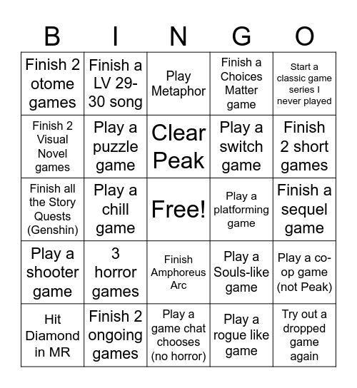 Game Bingo Card