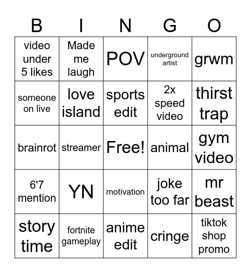 tiktok Bingo Card