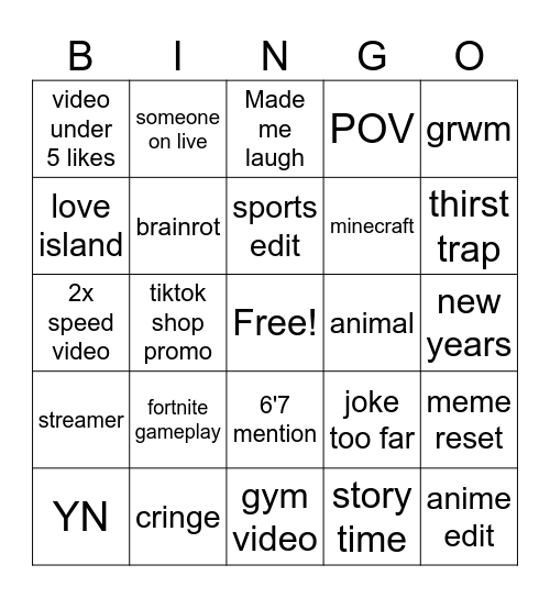 tiktok Bingo Card