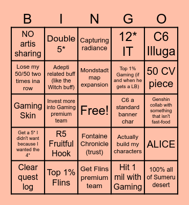 Genshin 2026 Bingo Card
