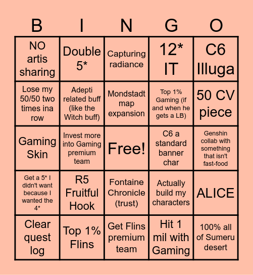 Genshin 2026 Bingo Card