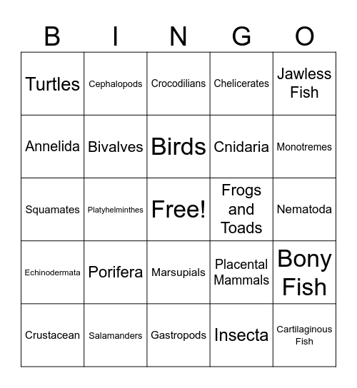 Animal Classification Bingo Card
