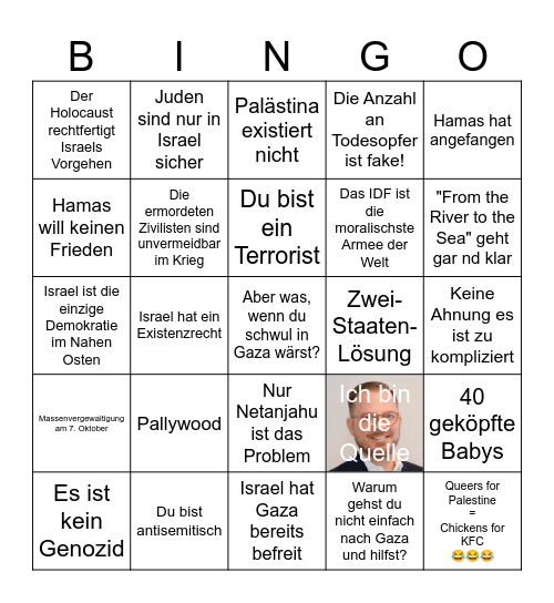 Zionistische Argumente Bingo Card