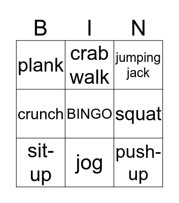 PHYSICAL EDUCATION Bingo Card