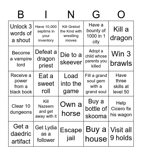 Skyrim Bingo Card