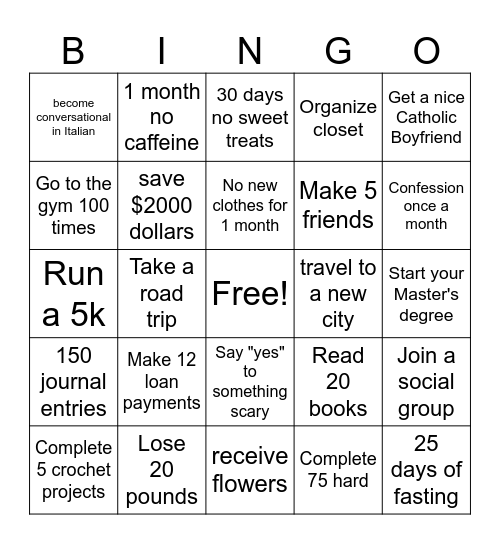 2026 Goals Bingo Card