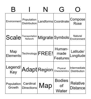 Geography Vocabulary Bingo Card