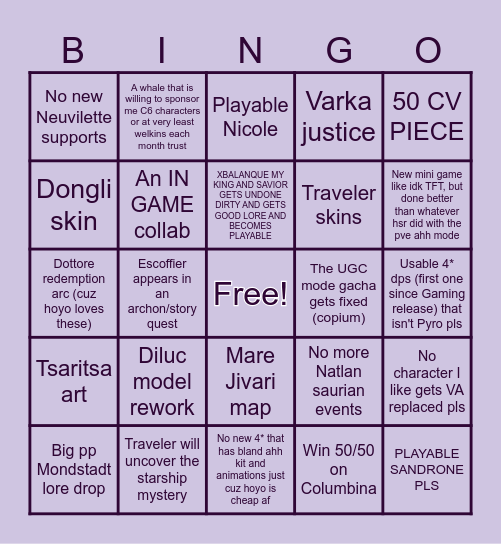 GENSHIN 2026 BINGO CARD Bingo Card