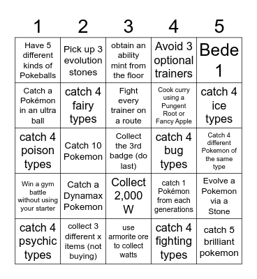 Sword and Shield Lockout Bingo Card