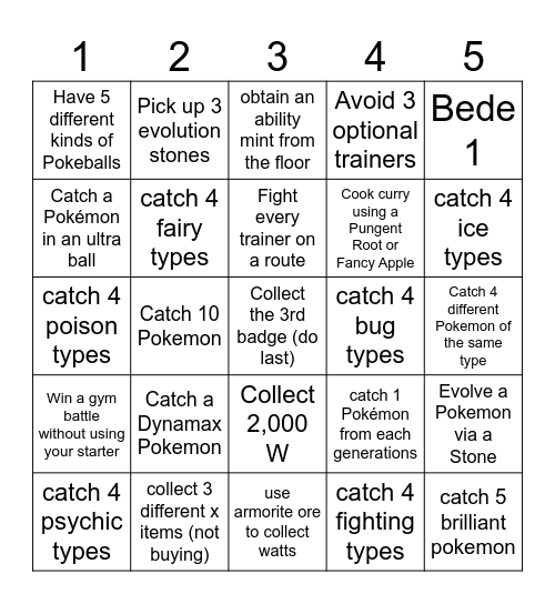 Sword and Shield Lockout Bingo Card
