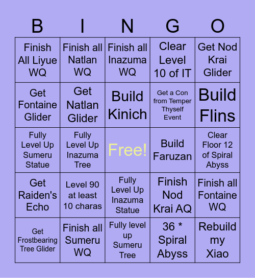 My Genshin 2026 Bingo Card