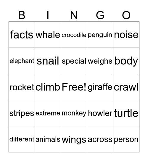Extreme Animals Bingo Card