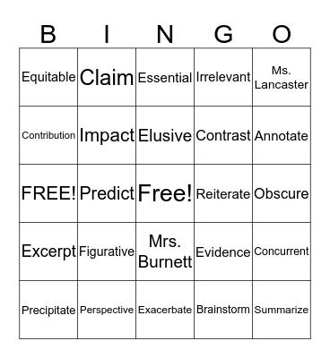 Vocabulary Tuesdays Bingo Card