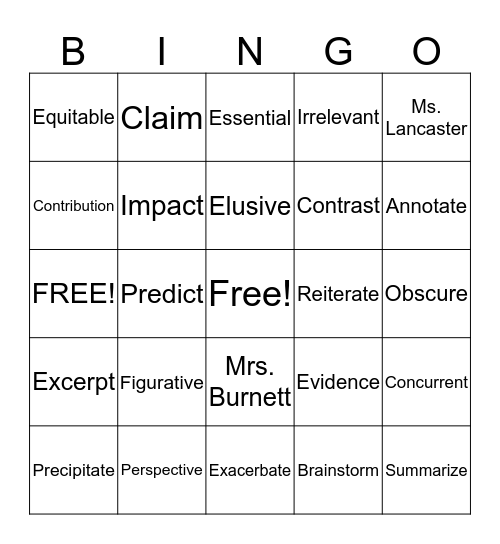 Vocabulary Tuesdays Bingo Card